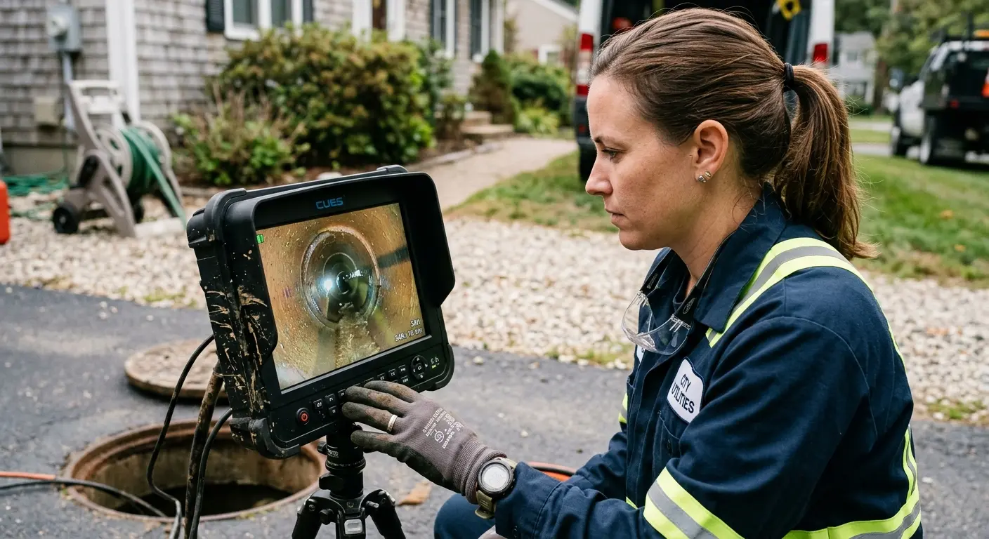 Technician reviewing sewer camera inspection footage in Taylor Mill